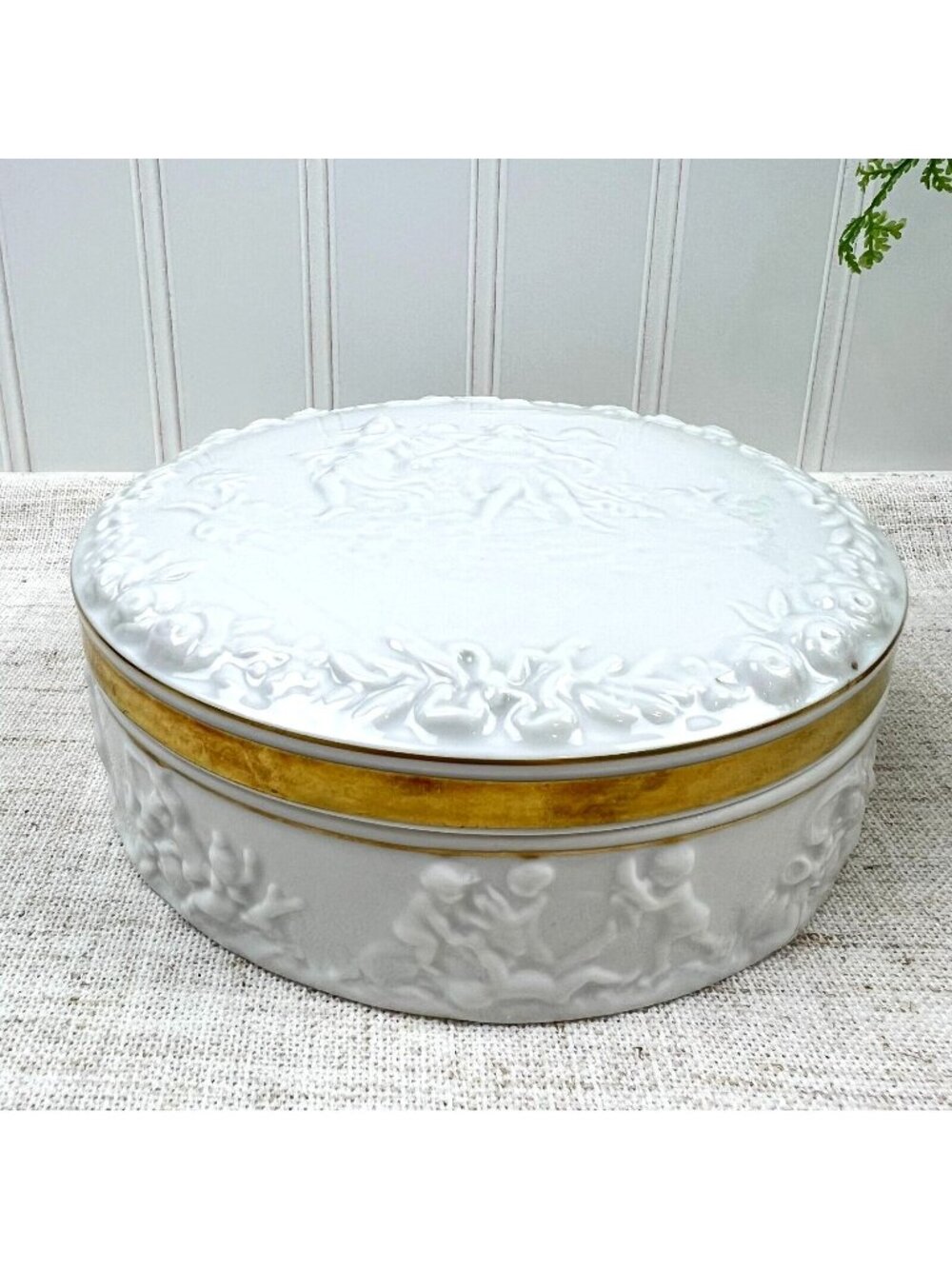 Vintage Capodimonte Round Powder Trinket Box White Porcelain Embossed Gilded